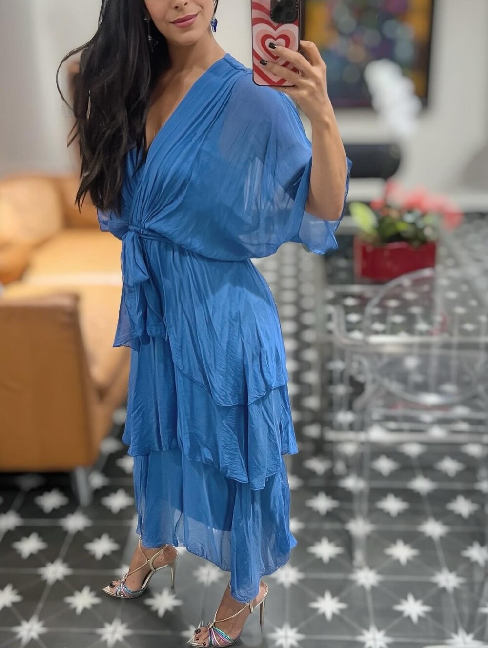 🆕️ Italian Silk Blend Tiered Ruffled Garden Party Maxi Dress in Blue